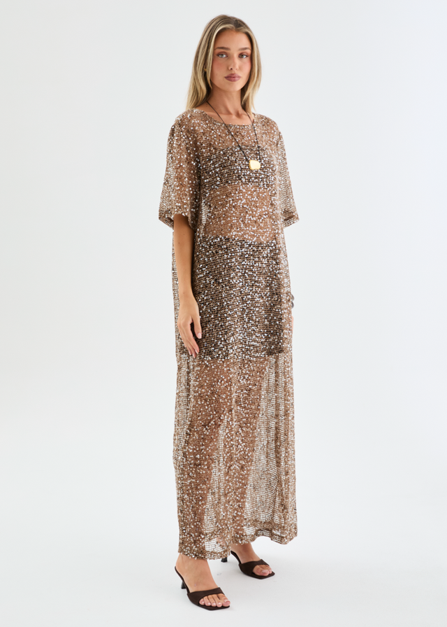 Zechariah Sequin Mesh Maxi Dress - Chocolate