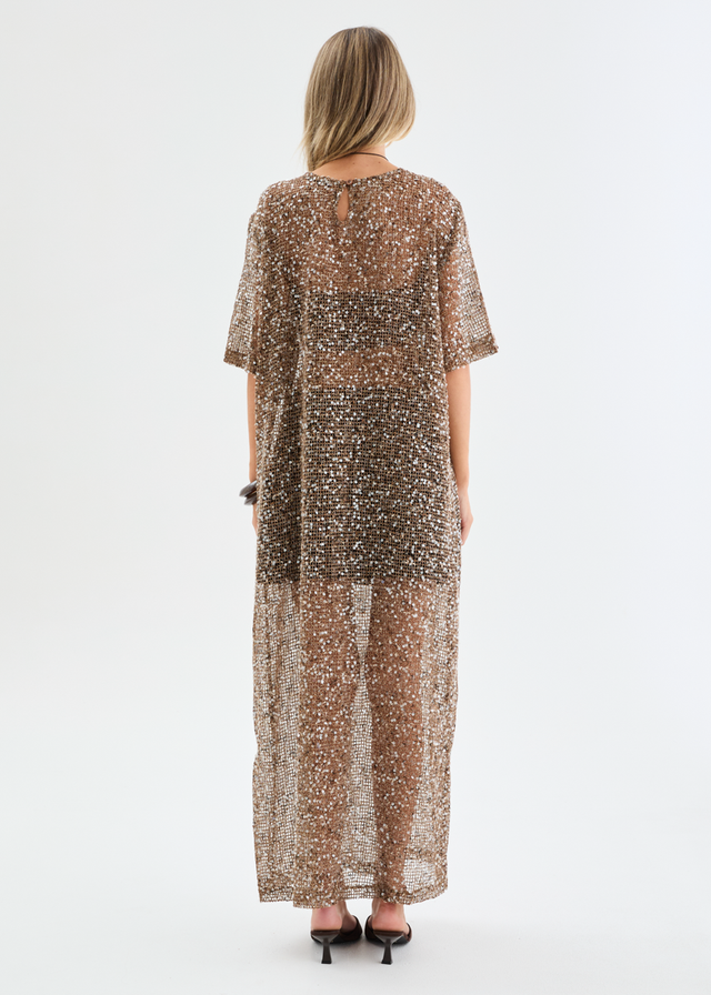Zechariah Sequin Mesh Maxi Dress - Chocolate