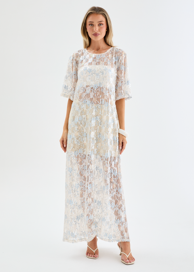 Avaria Sequin Lace Maxi Dress - Blue Ice