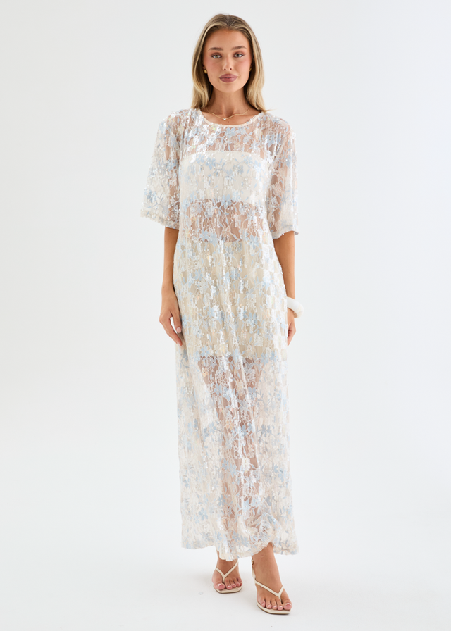 Avaria Sequin Lace Maxi Dress - Blue Ice