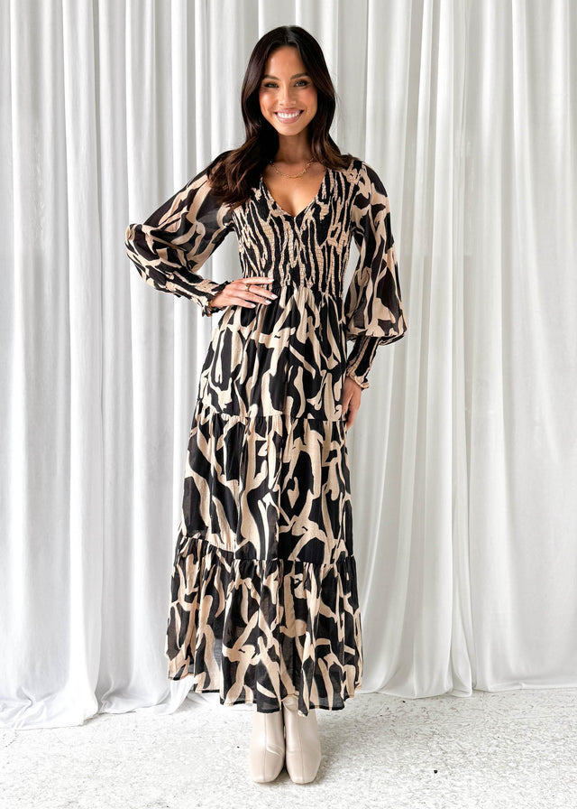 Angee Maxi Dress - Black Abstract