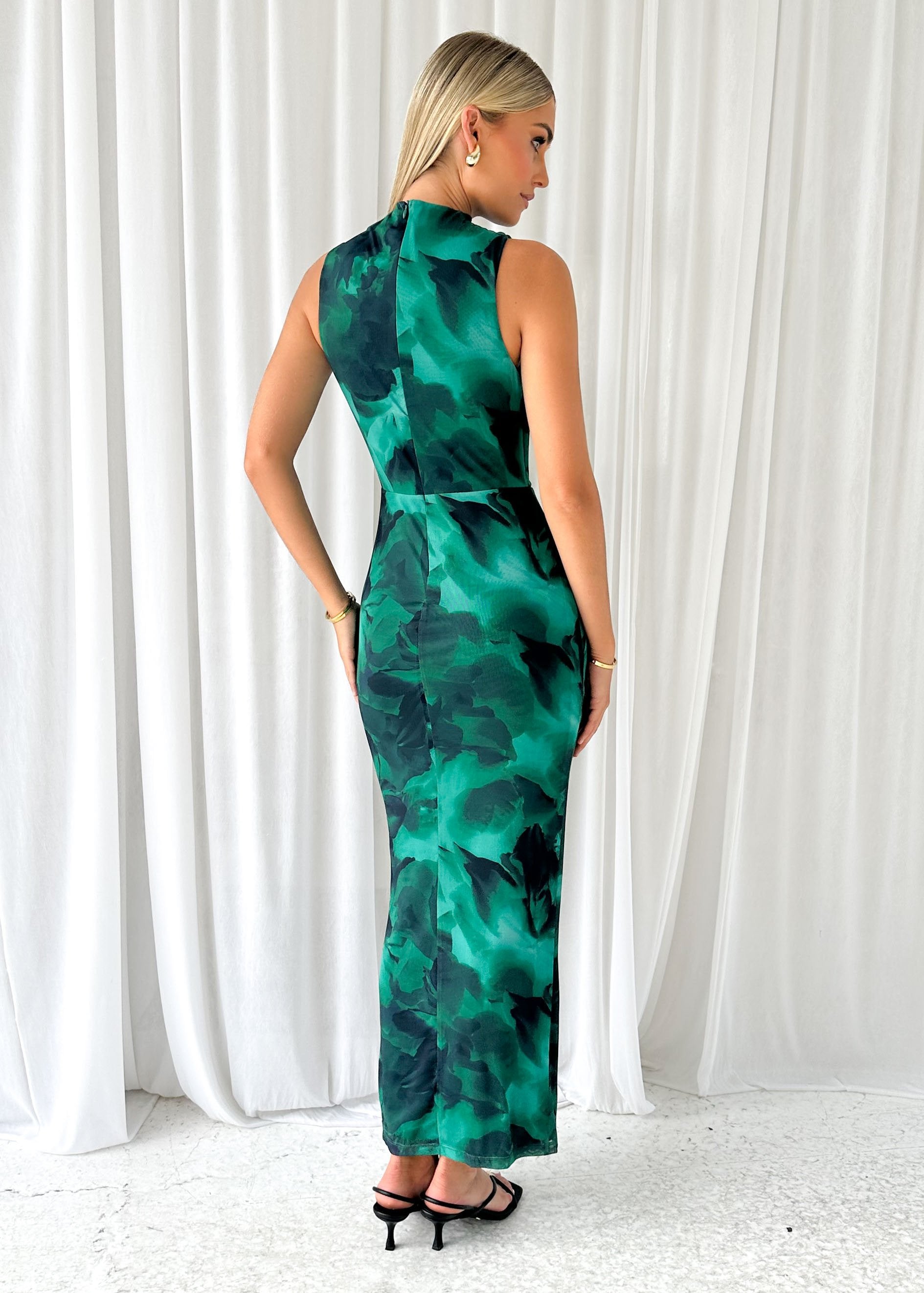 Jacey Mesh Maxi Dress - Emerald Watercolour