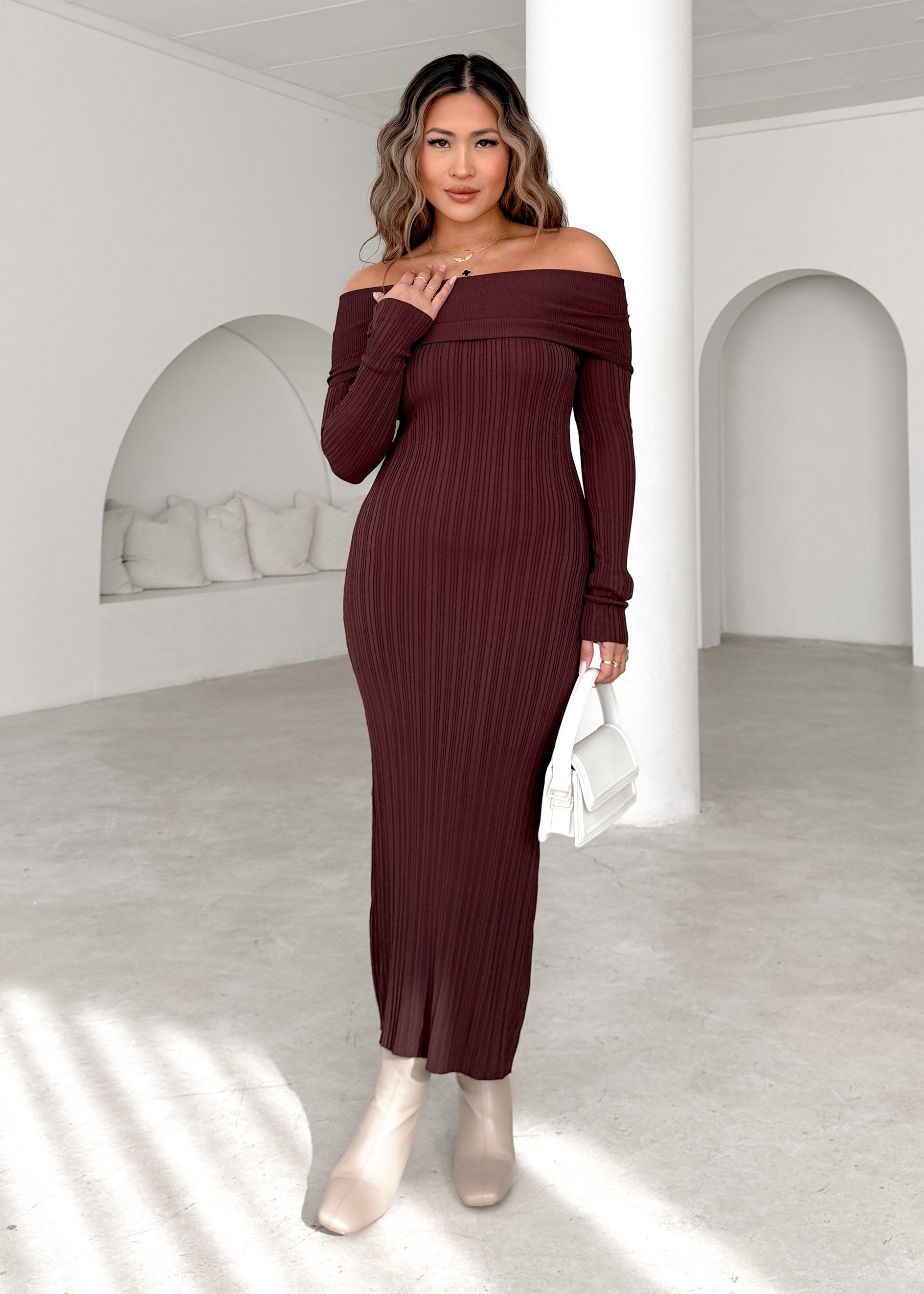 Eliora Off Shoulder Knit Maxi Dress - Chocolate