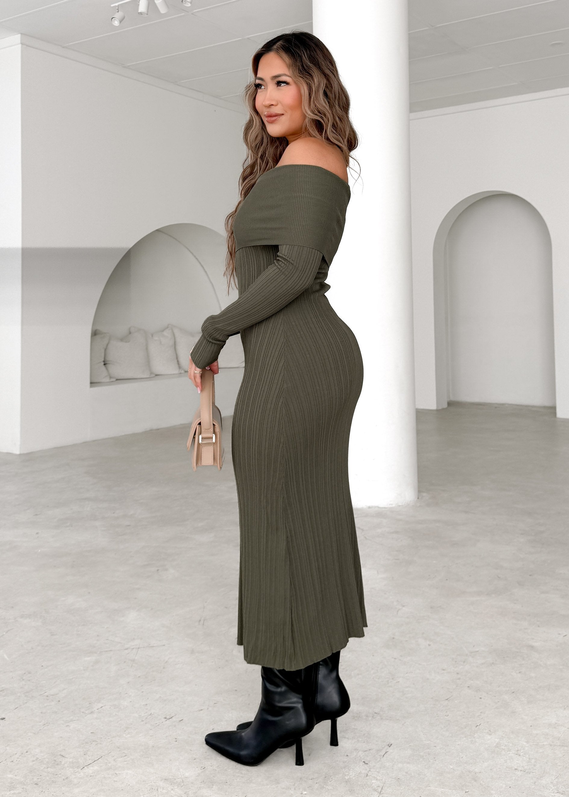 Eliora Off Shoulder Knit Maxi Dress - Khaki