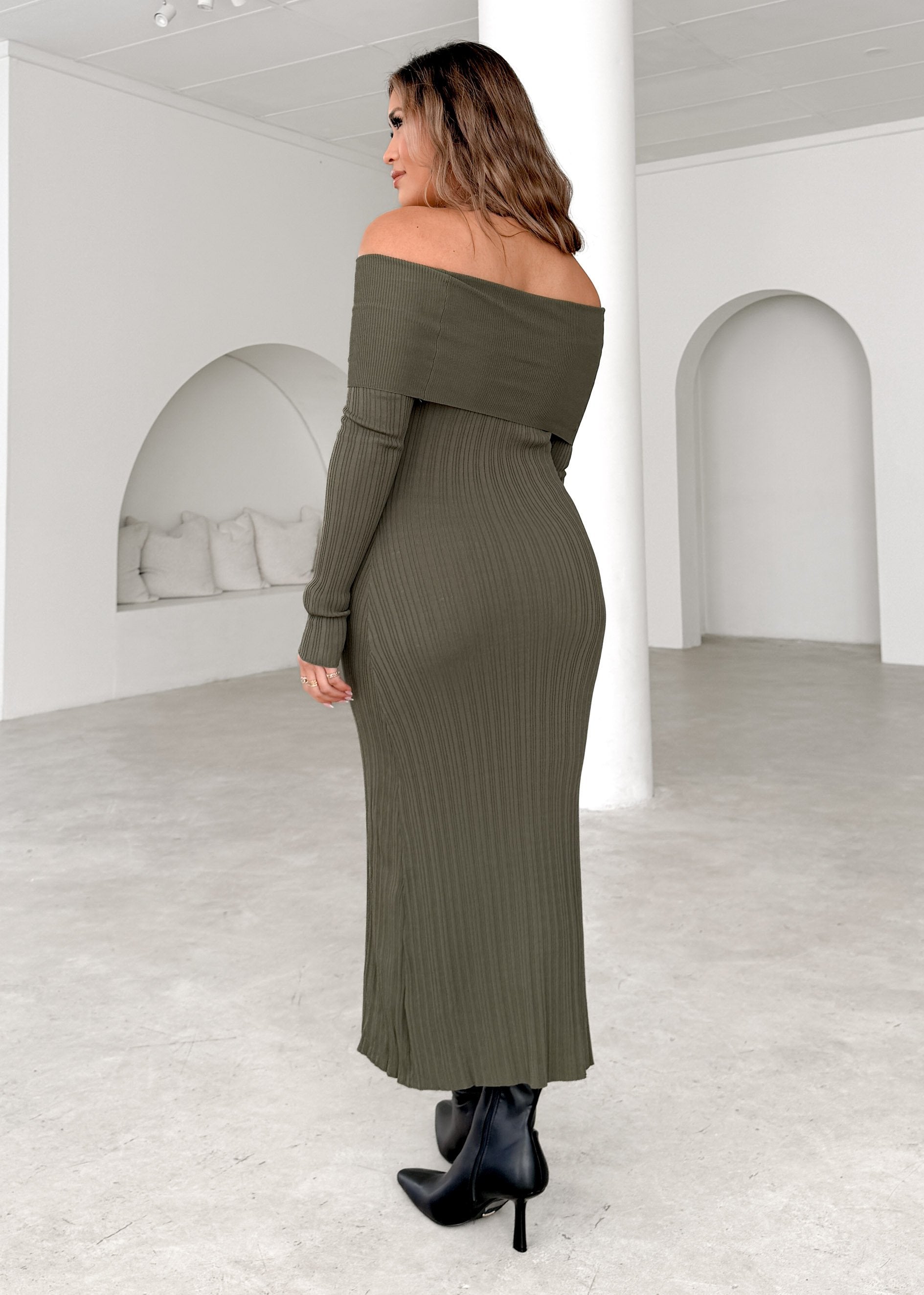 Eliora Off Shoulder Knit Maxi Dress - Khaki