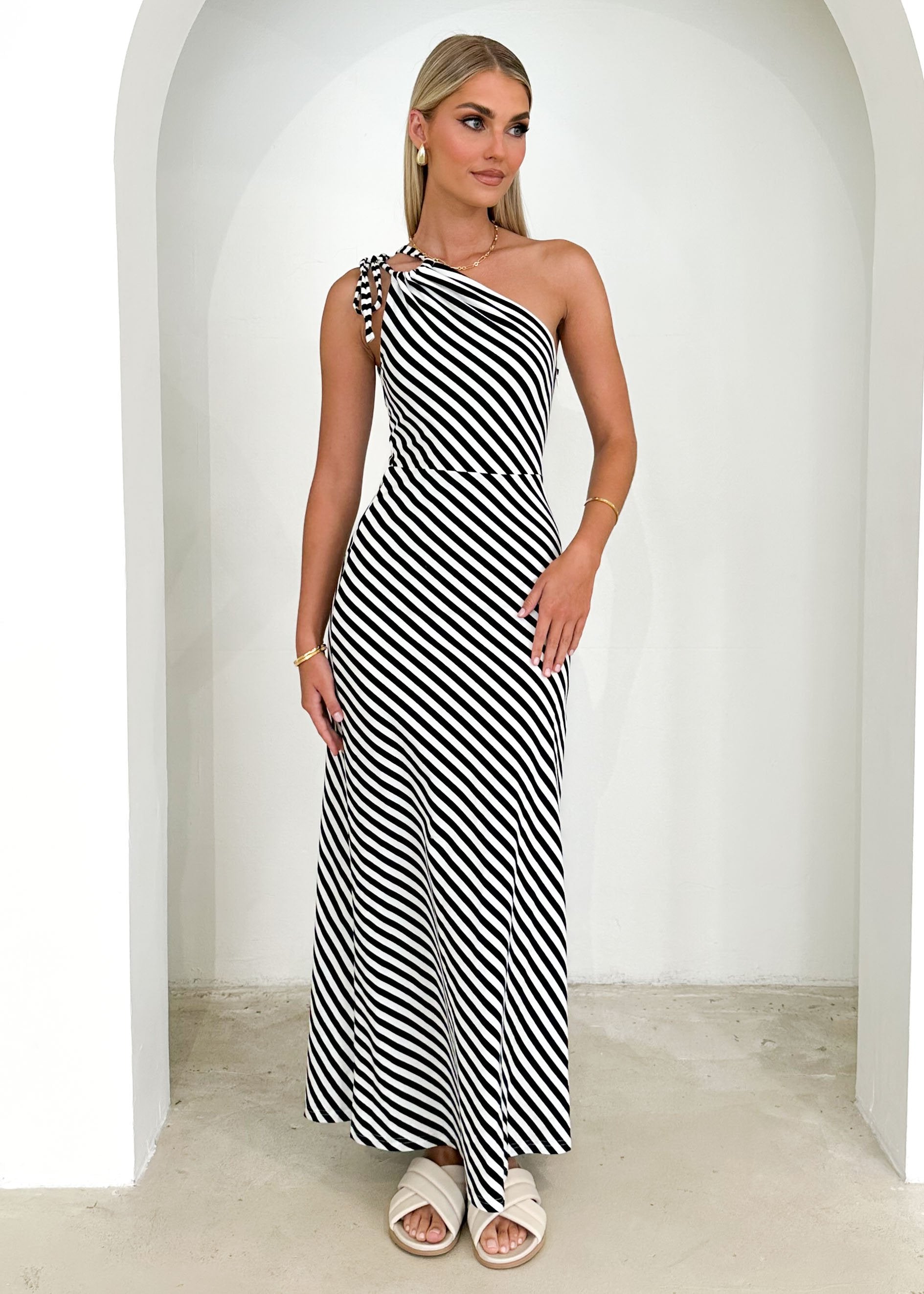 Juanna One Shoulder Maxi Dress - Black Stripe