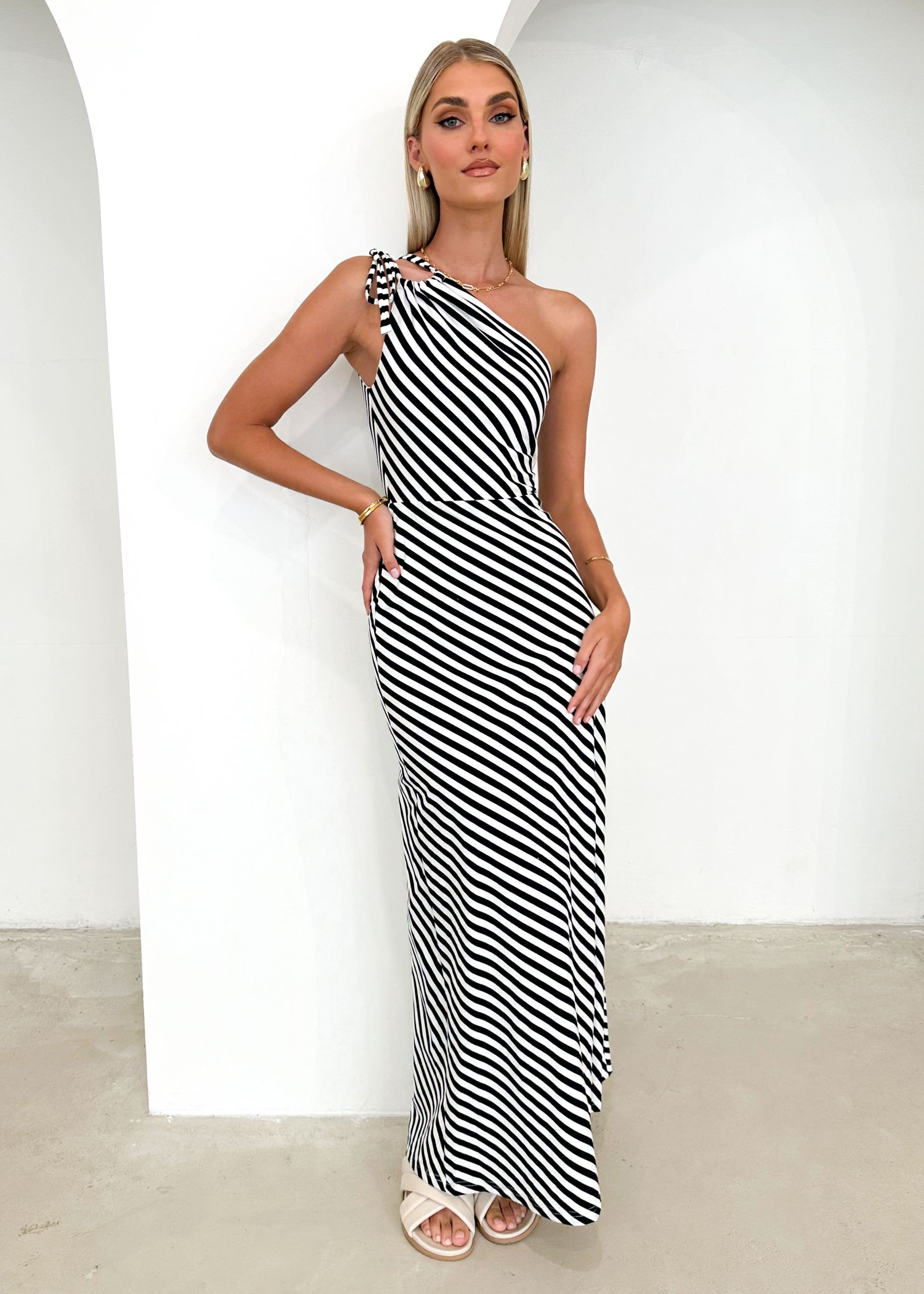 Juanna One Shoulder Maxi Dress - Black Stripe