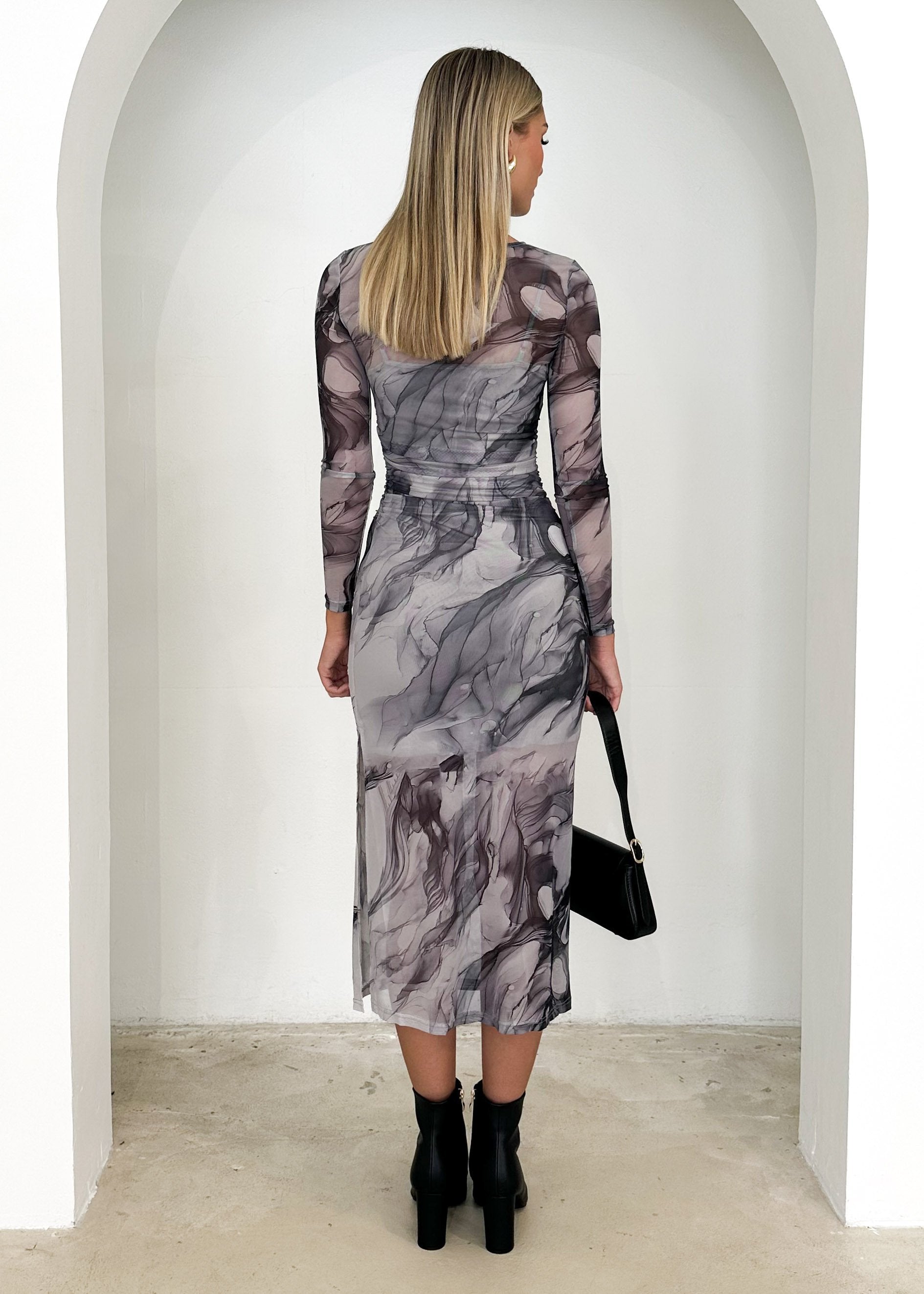 Lemra Mesh Midi Dress - Grey Swirl