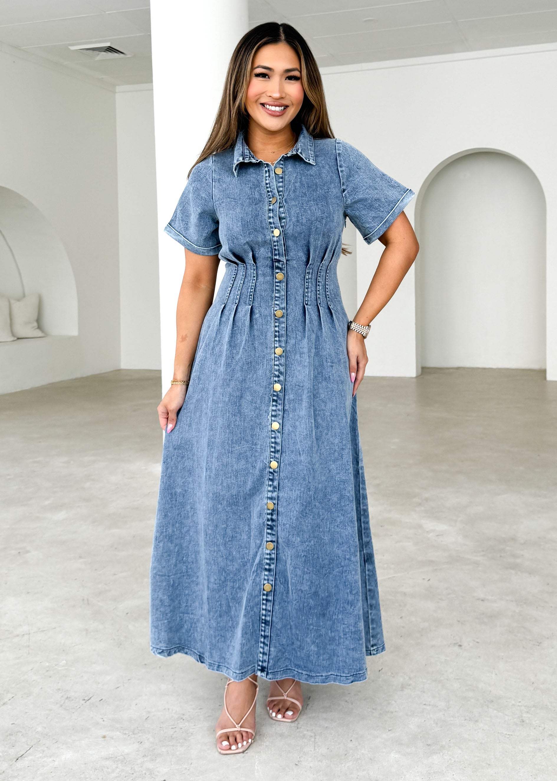 Annika Denim Midi Dress - Washed Blue