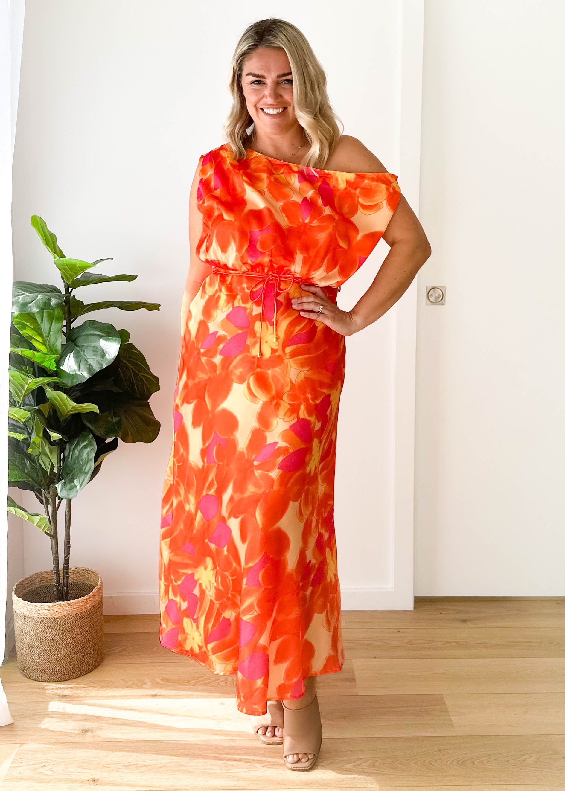 Larose Midi Dress - Tangerine Floral