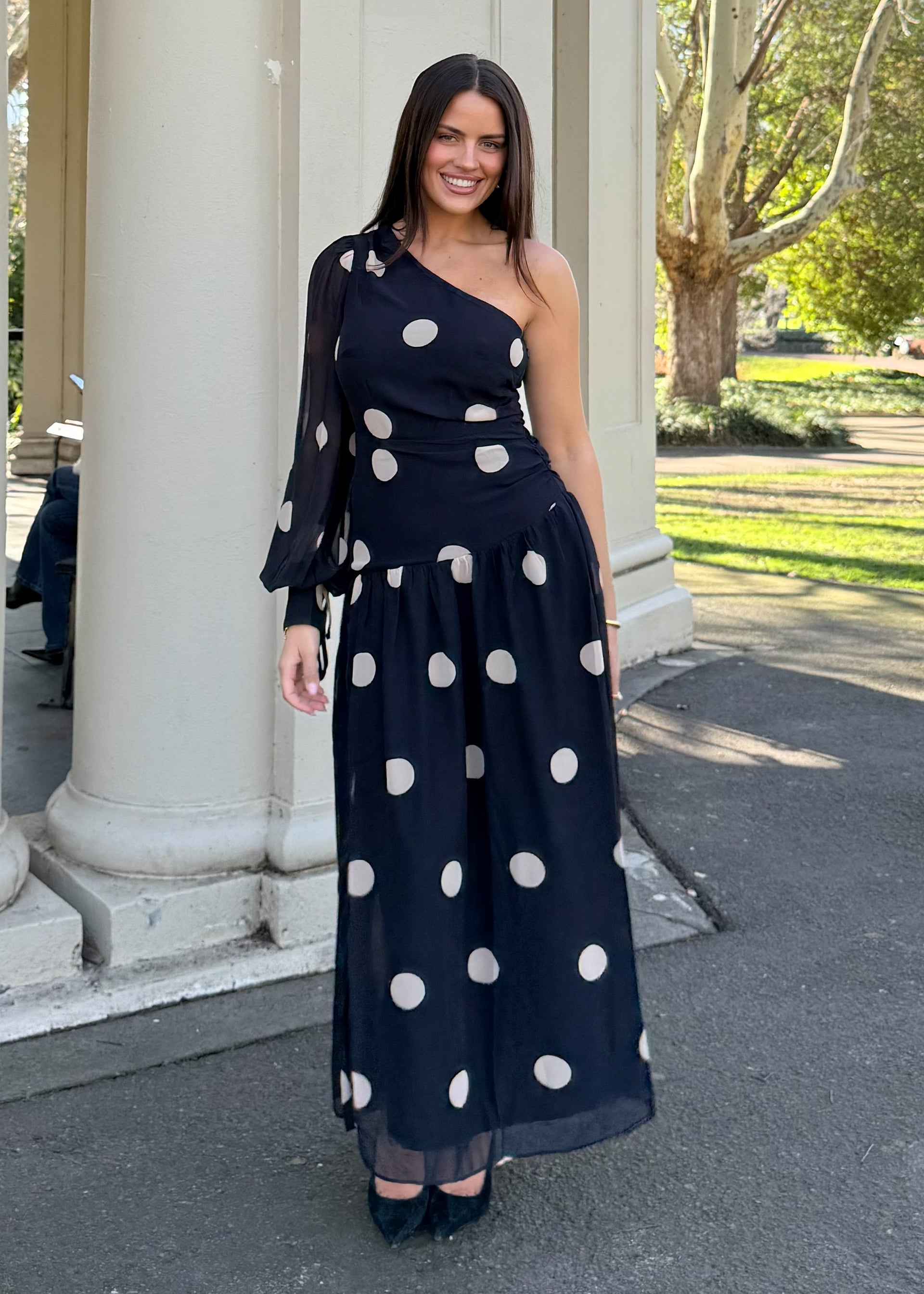 gingham and heels one shoulder dress Sicilian One Shoulder Midi Dress