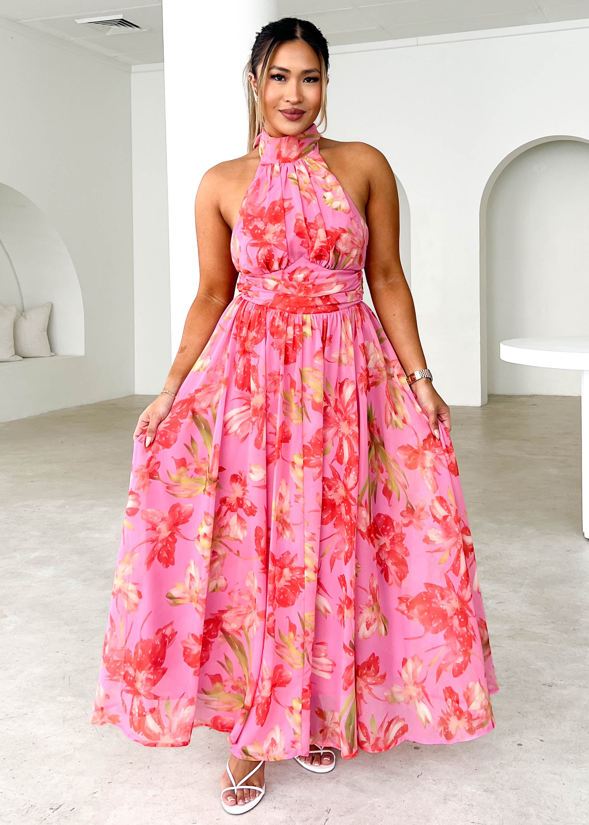 Caprice Halter Maxi Dress - Pink Floral