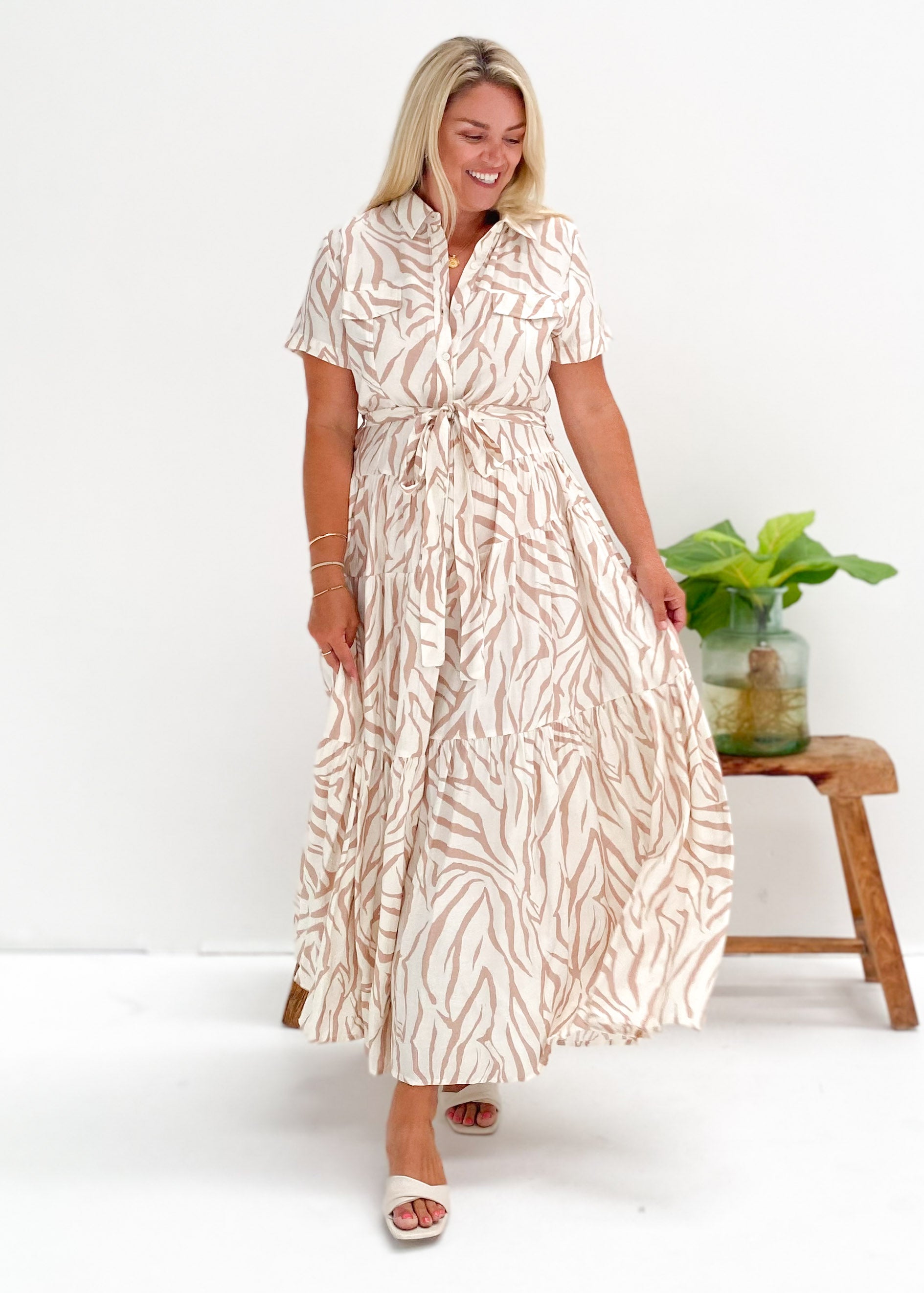 Reggie Midi Dress - Beige Zebra