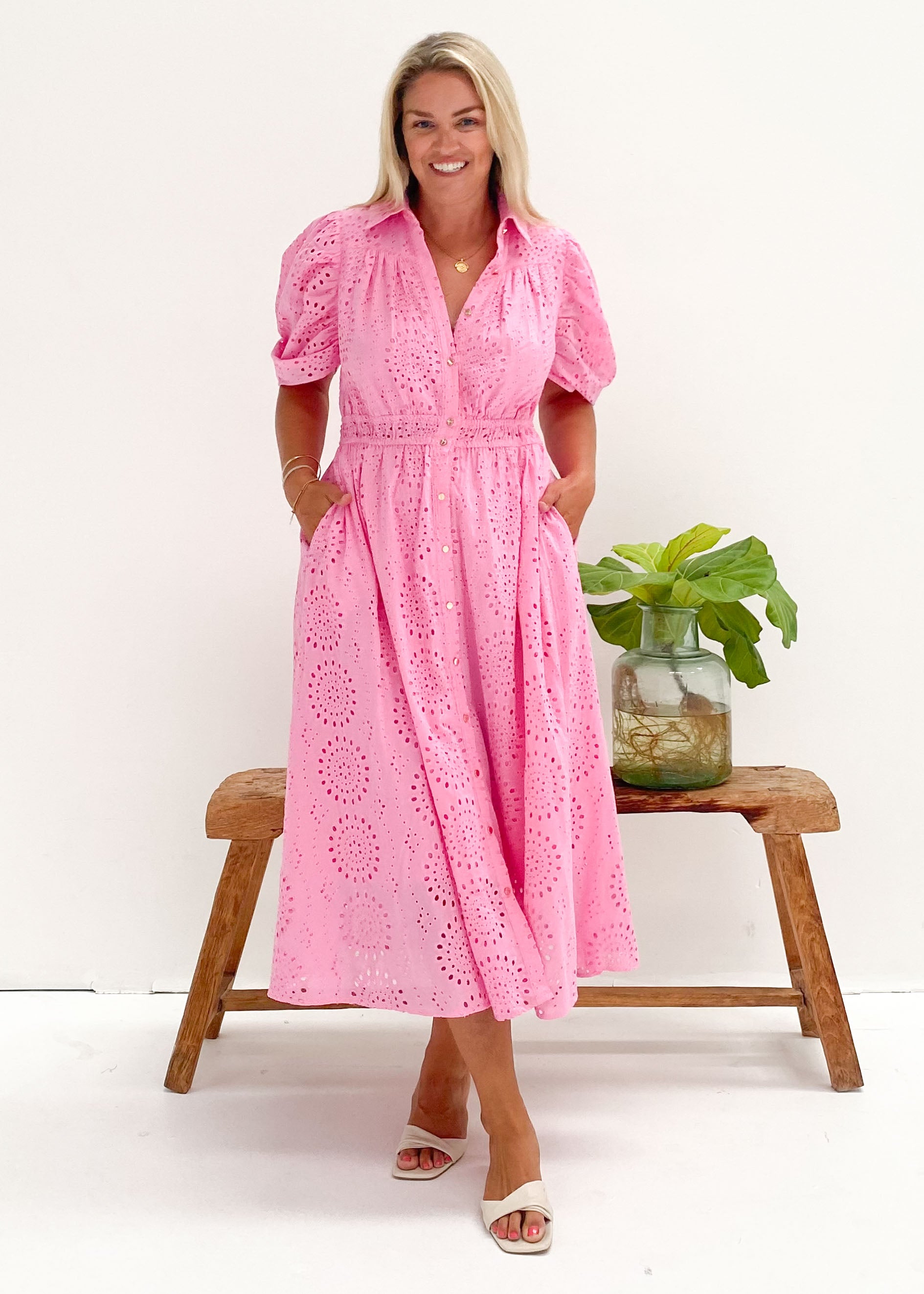 Fiora Midi Dress - Pink Anglaise