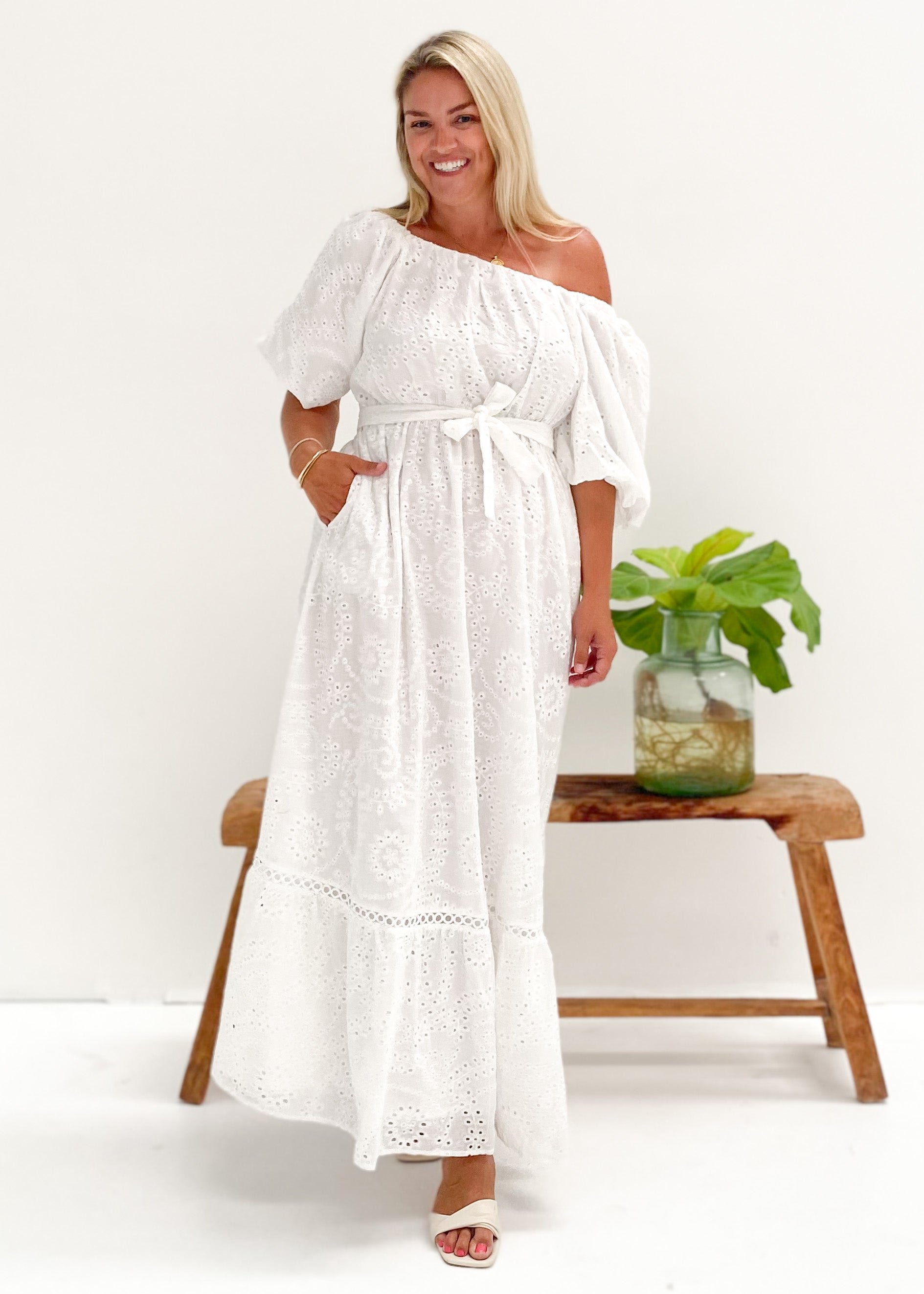 Ellerie Midi Dress - White Anglaise