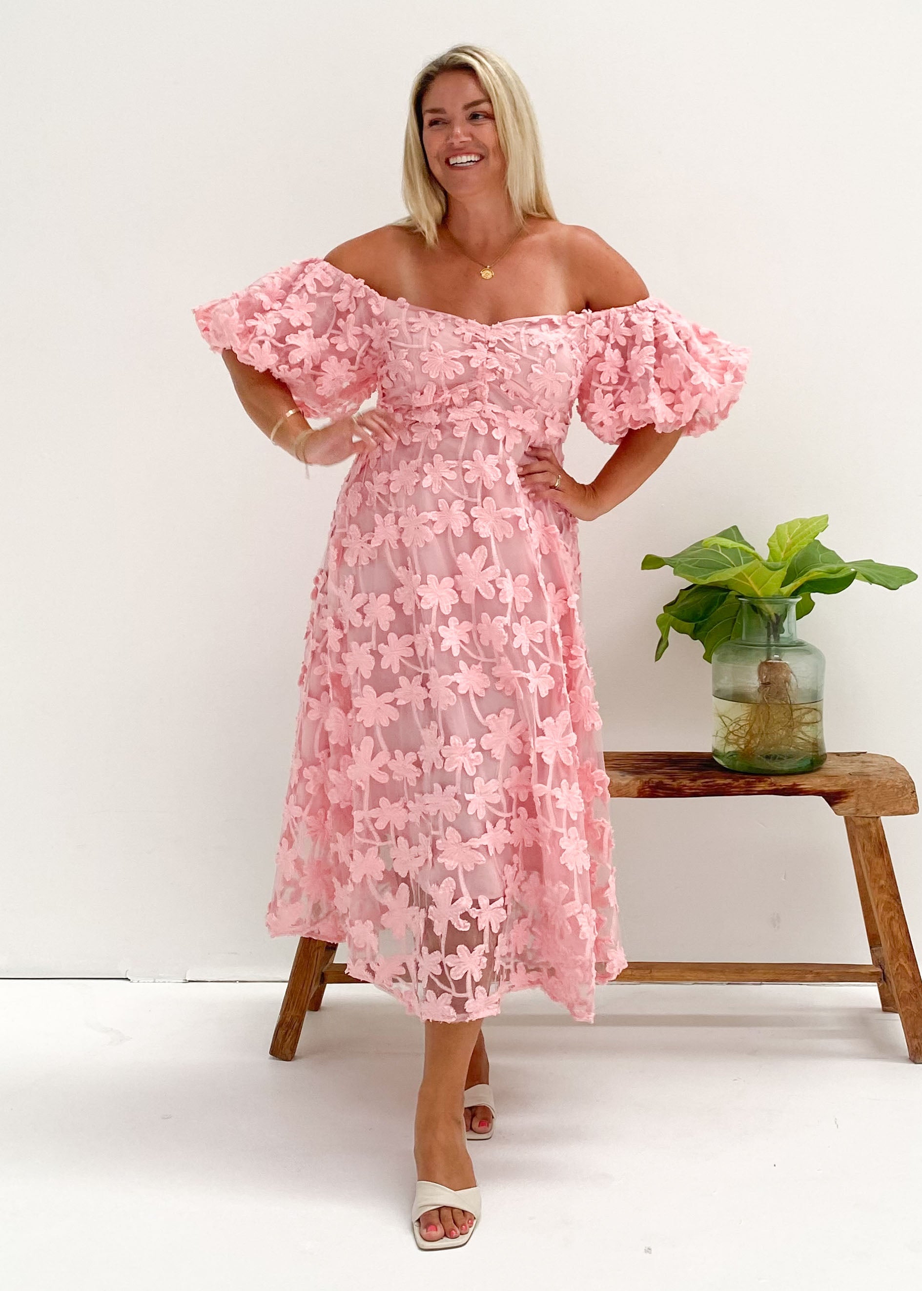 Maliah Off Shoulder Midi Dress - Pink Lace