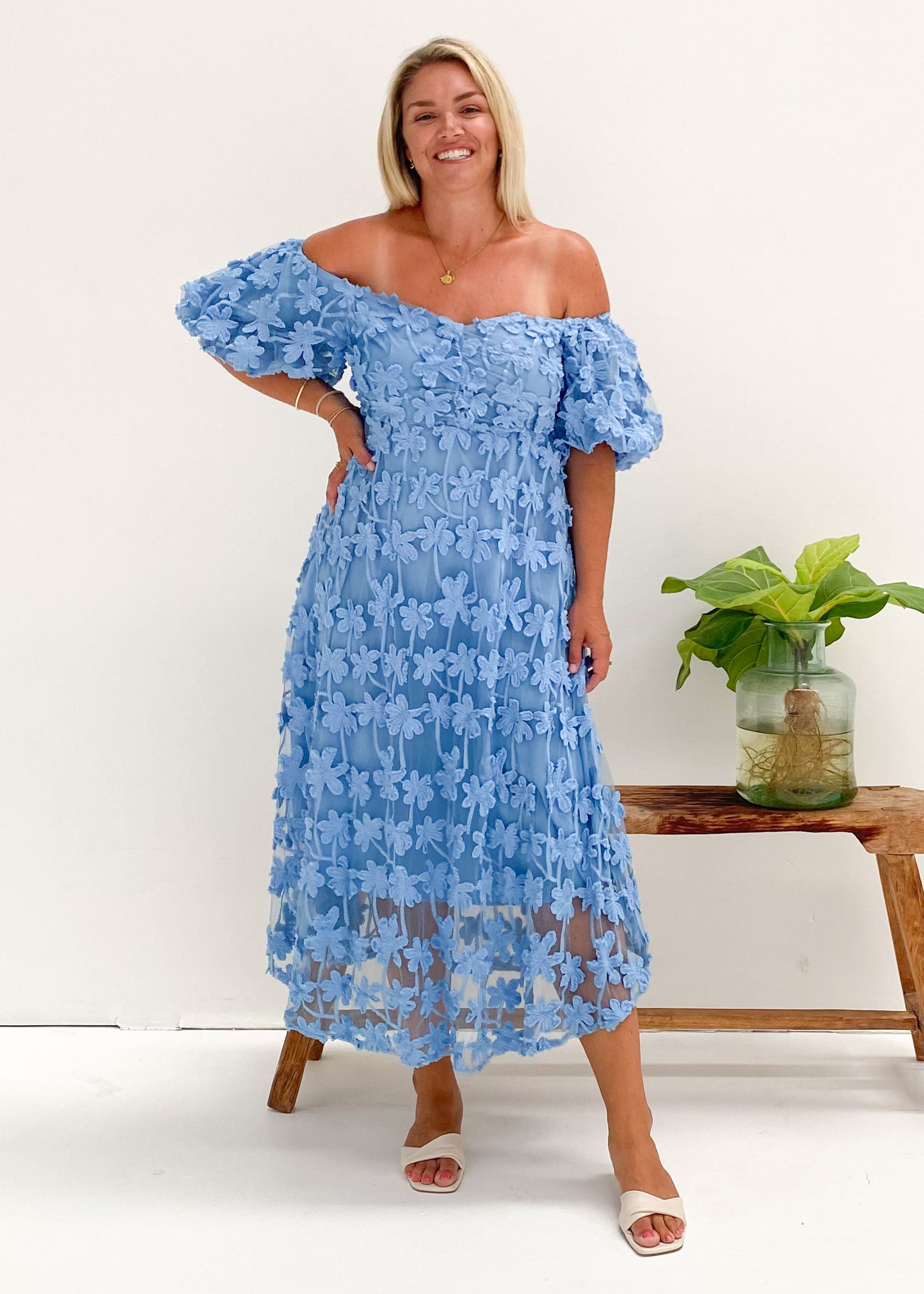 Maliah Off Shoulder Midi Dress - Blue Lace