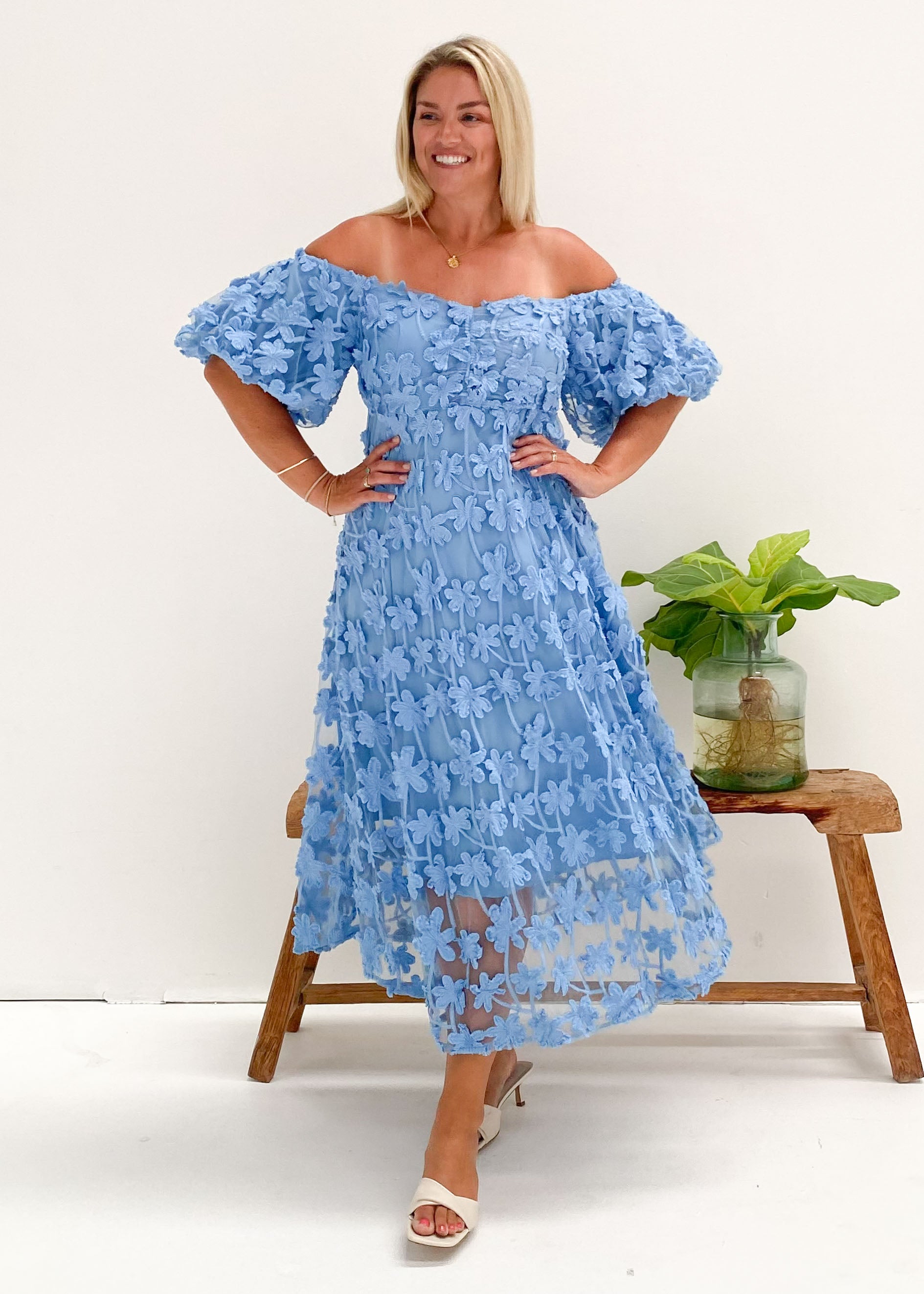 Maliah Off Shoulder Midi Dress - Blue Lace