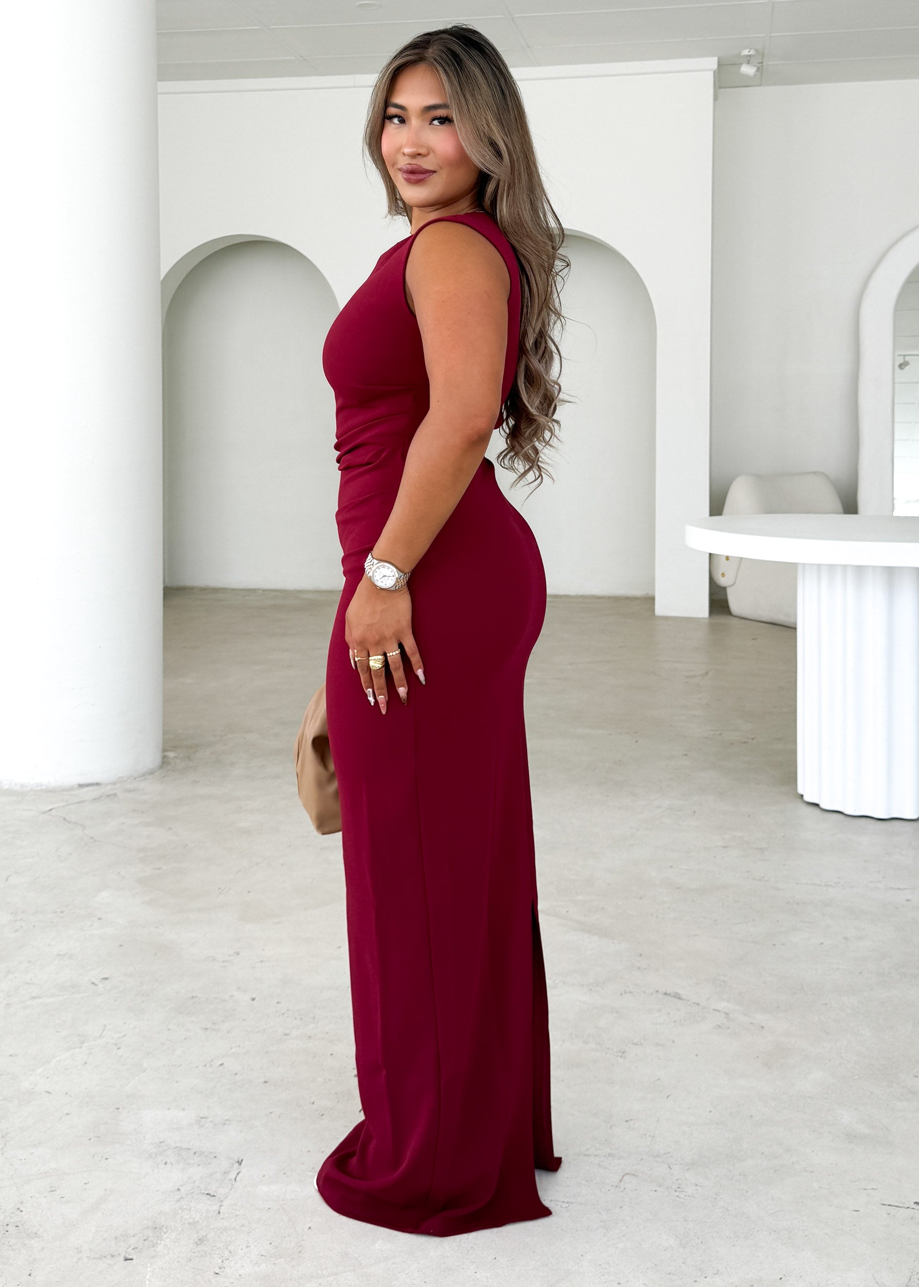 Carmella One Shoulder Maxi Dress - Burgundy