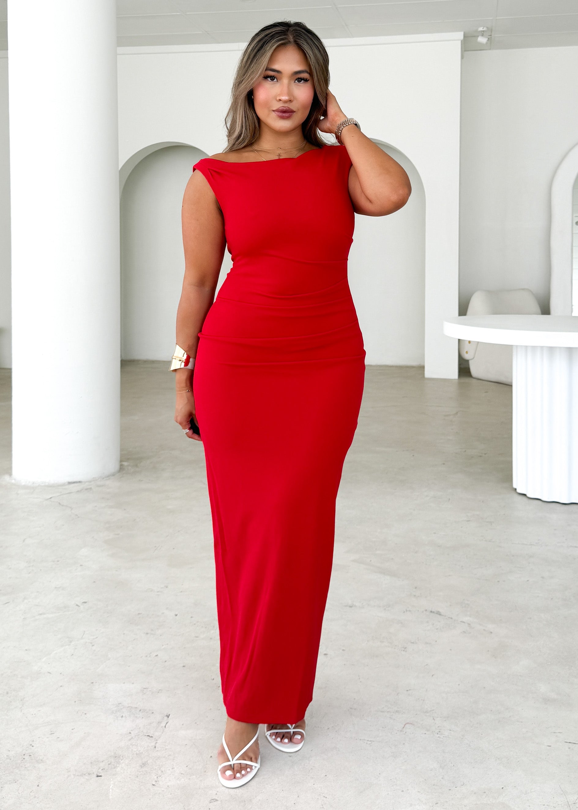 Elsea One Shoulder Maxi Dress - Red