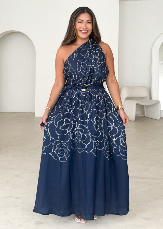 Korah One Shoulder Midi Dress - Navy Abstract