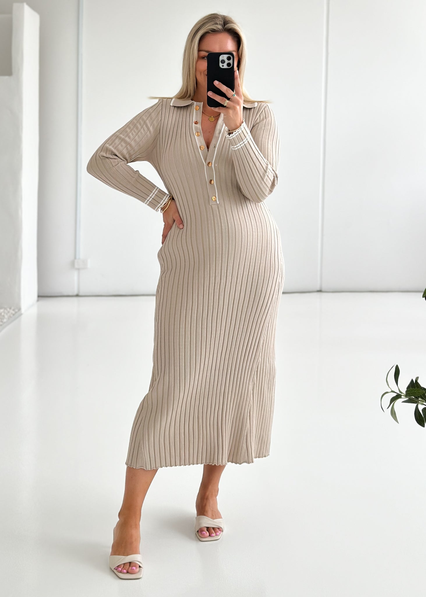 Everiel Knit Midi Dress Beige