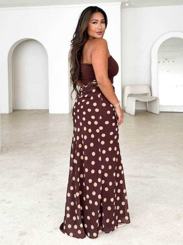 Tissy Strapless Maxi Dress - Chocolate Polka