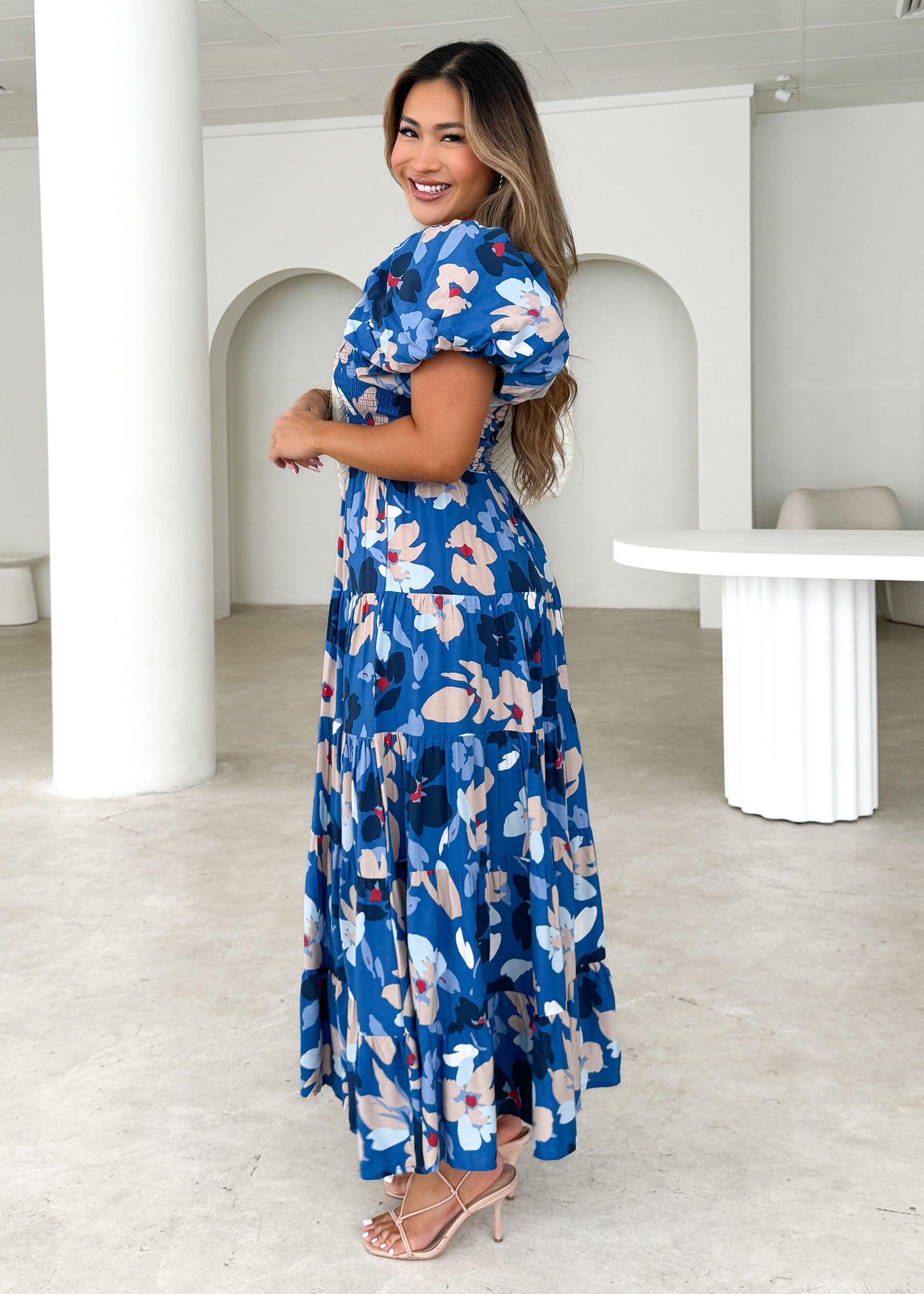 Yariska Midi Dress - Cobalt Flowers