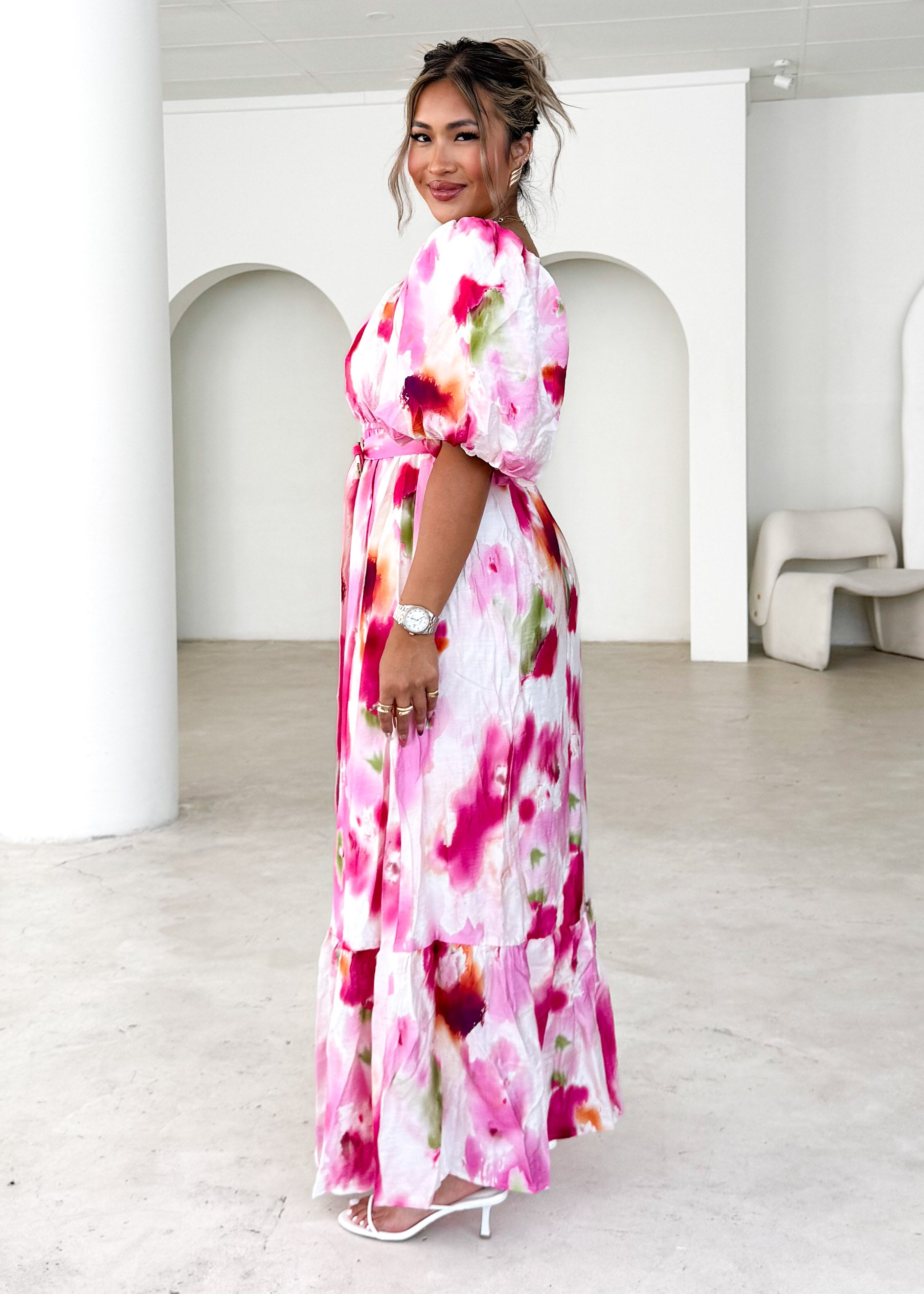 Halia Off Shoulder Midi Dress - Pink Watercolour