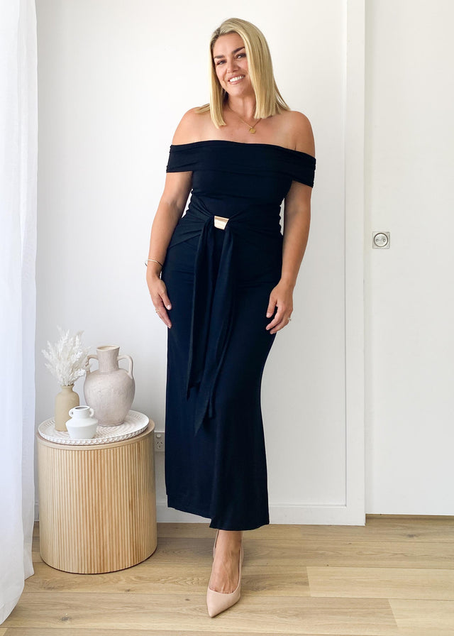 Tania Off Shoulder Midi Dress - Black Gingham & Heels Tania Off Shoulder Midi Dress - Black Gingham & Heels