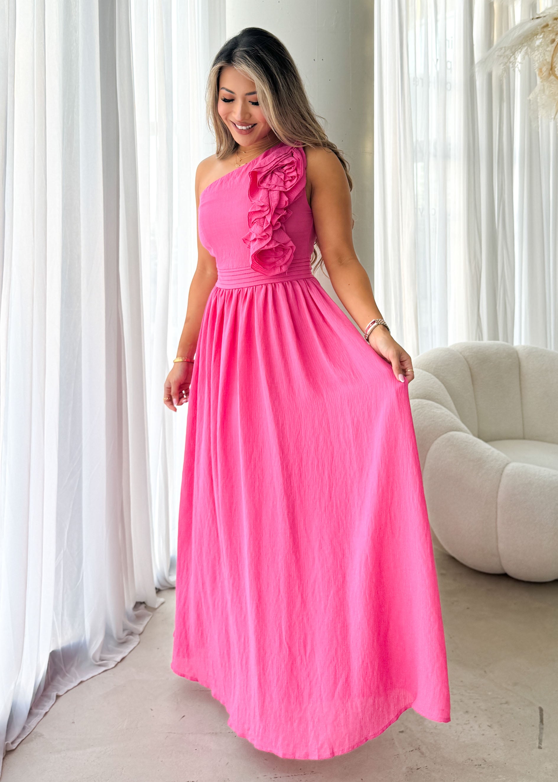 Essja One Shoulder Midi Dress - Pink