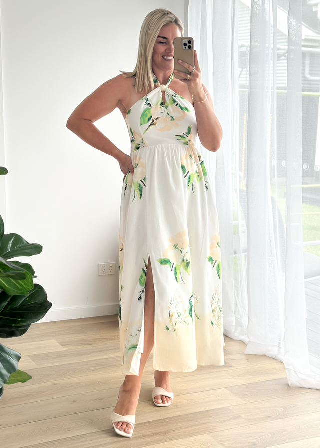 Kendall Halter Midi Dress - Lemon Blossom