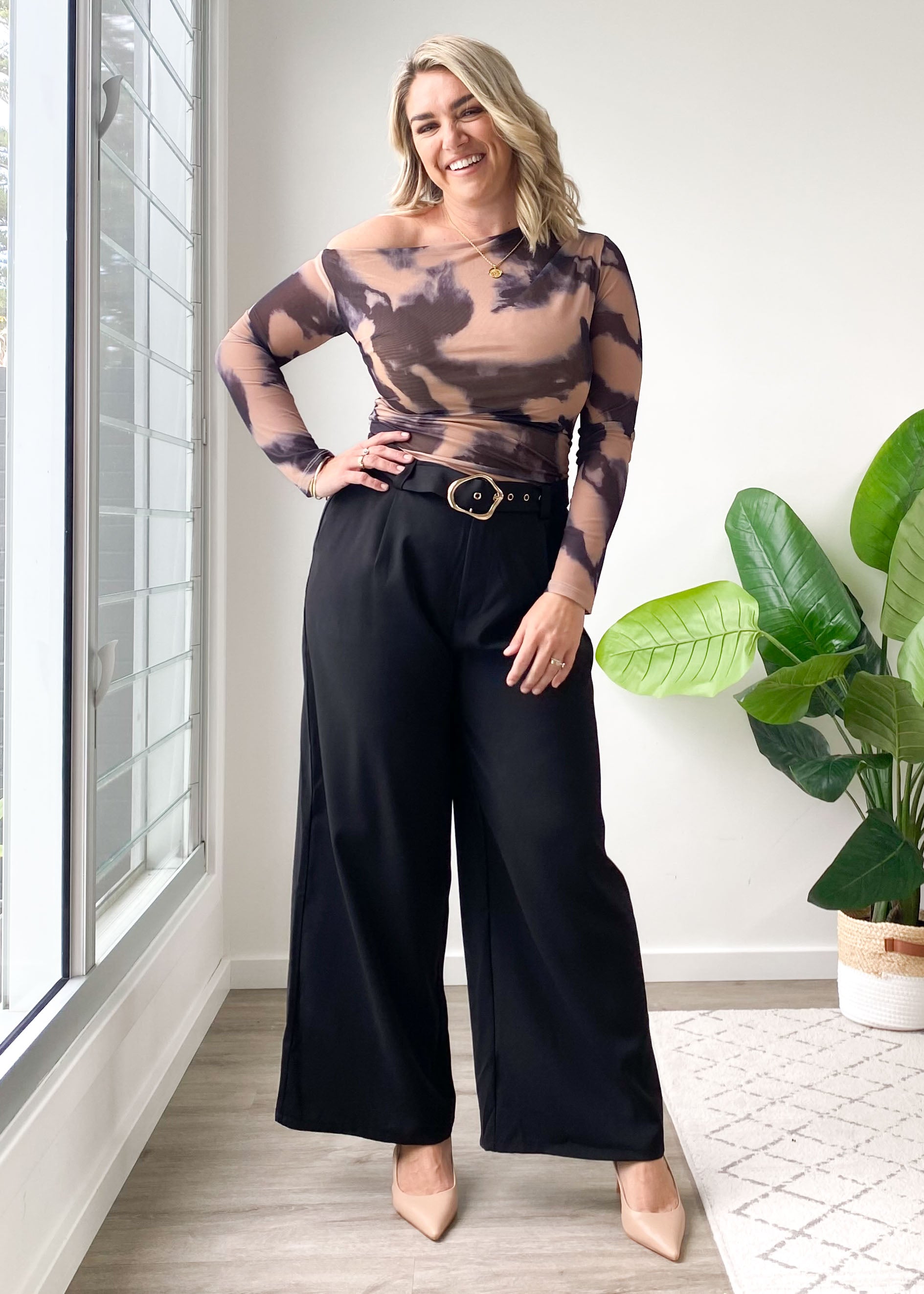 Ablo Mesh Off Shoulder Top - Charcoal Ink