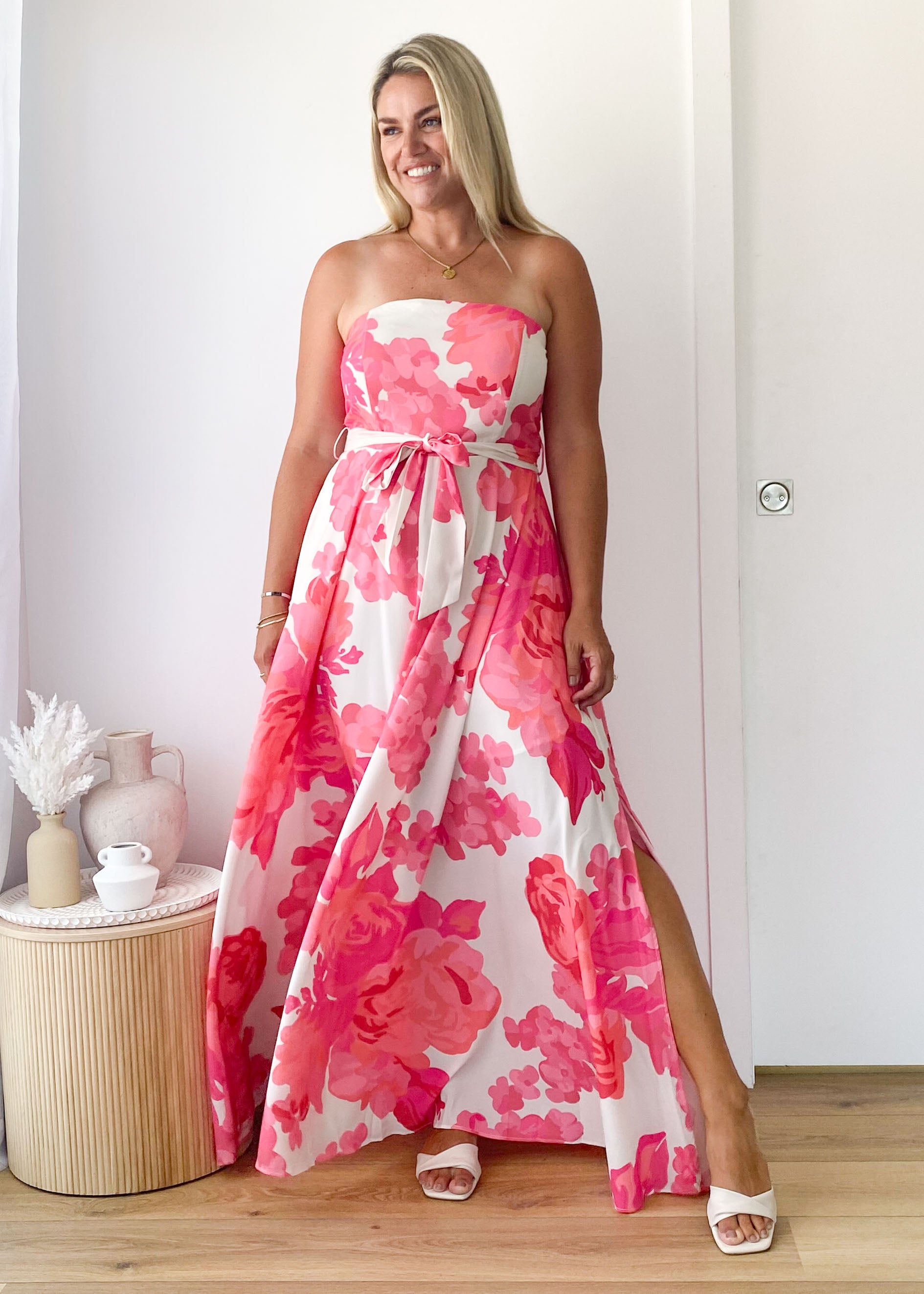 Jorgia Strapless Maxi Dress - Hot Pink Floral