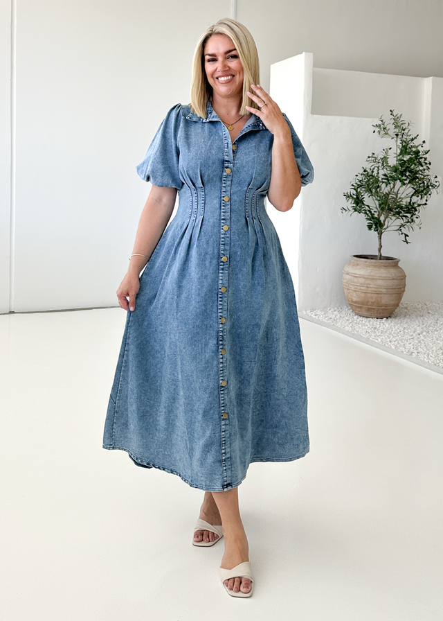 Yves Stretch Denim Midi Dress - Washed Blue Gingham & Heels Yves Stretch Denim Midi Dress - Washed Blue Gingham & Heels