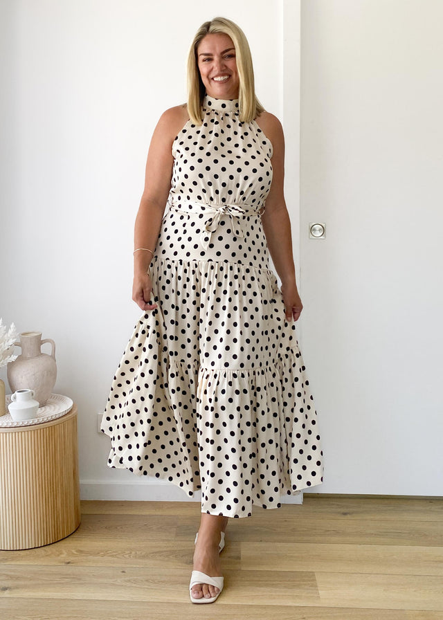 Katrina Halter Maxi Dress - Cream Polka