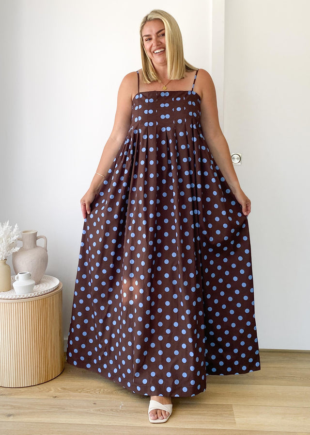 Marinella Maxi Dress - Choc Blue Polka Dot
