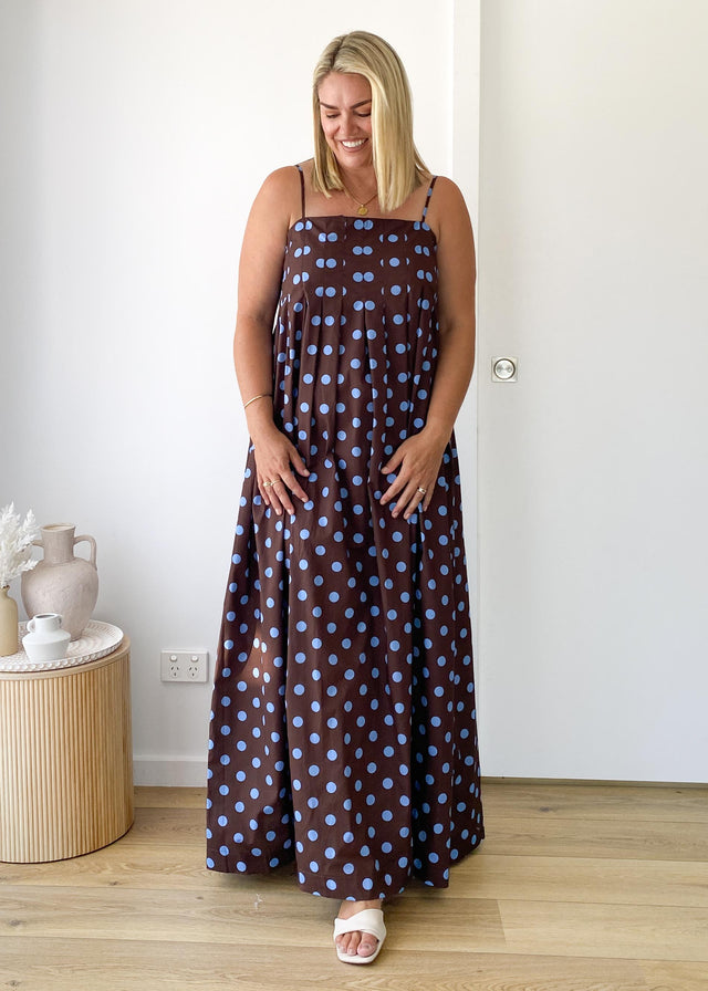 Marinella Maxi Dress - Choc Blue Polka Dot