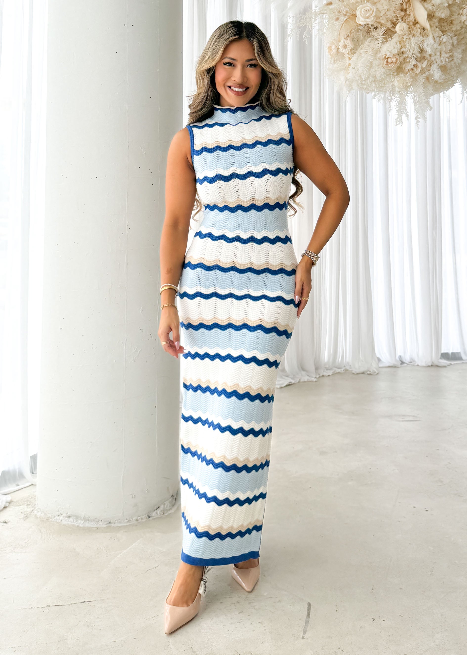 Surrah Knit Maxi Dress - Blue Zig Zag