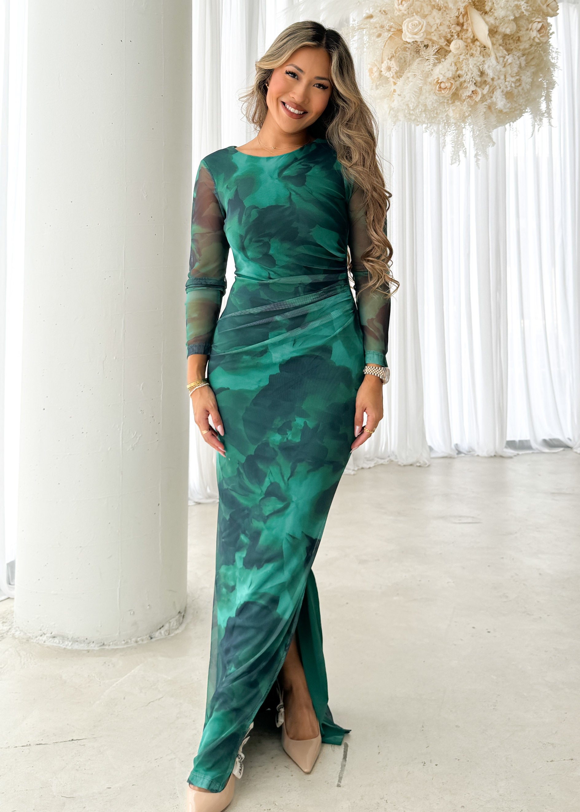Rhianna Mesh Maxi Dress - Emerald Watercolour