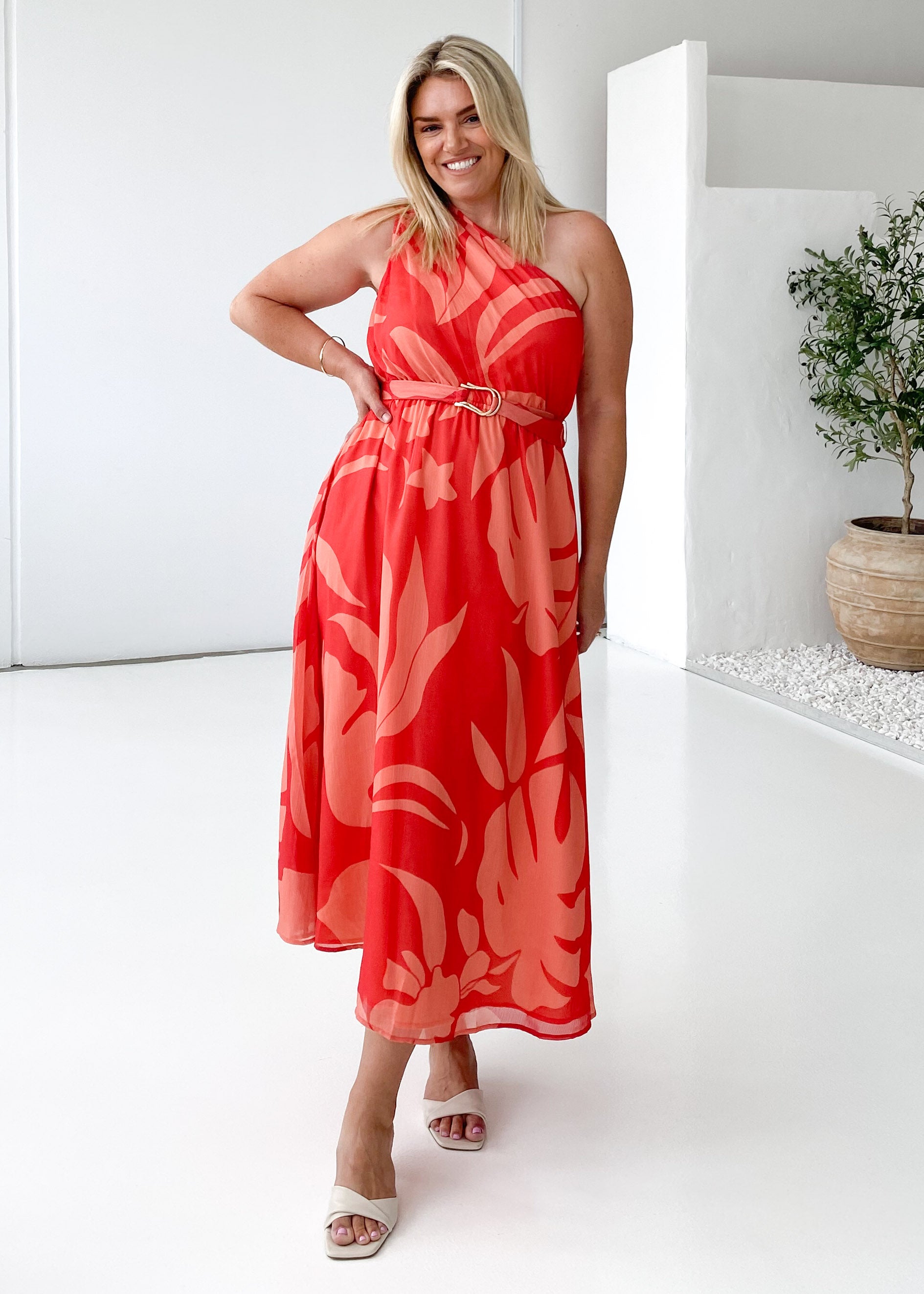 Dana One Shoulder Midi Dress - Coral Floral