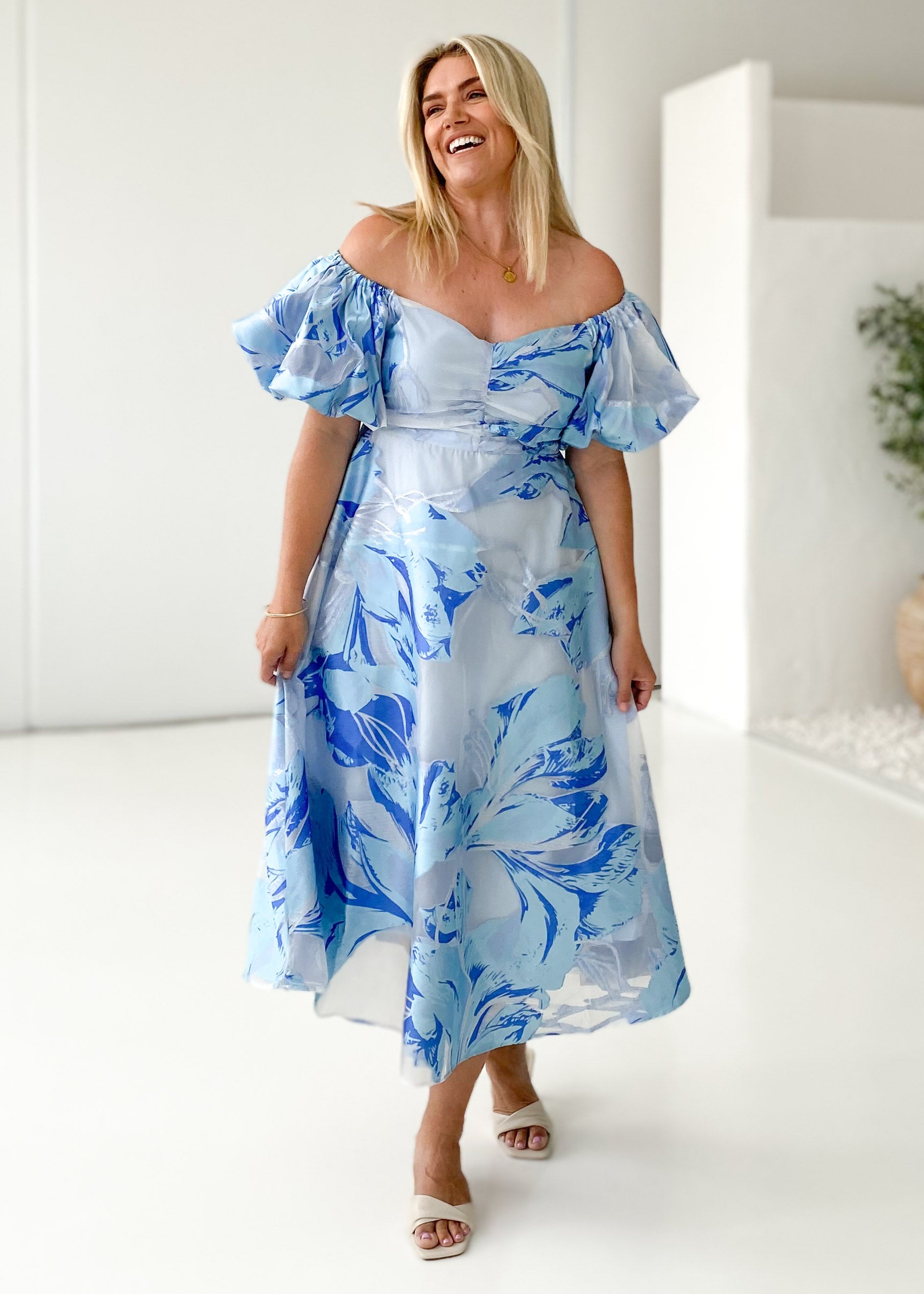 Anaya Off Shoulder Midi Dress - Sky Jacquard