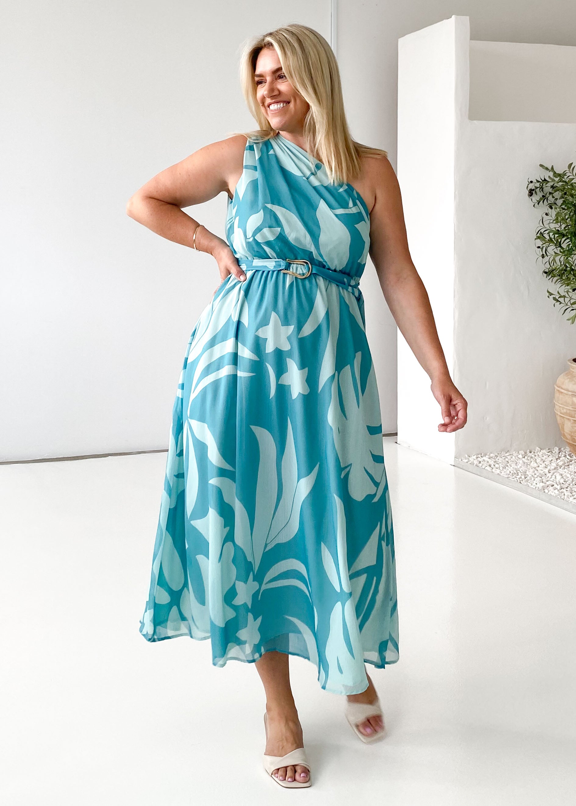 Dana One Shoulder Midi Dress - Teal Floral