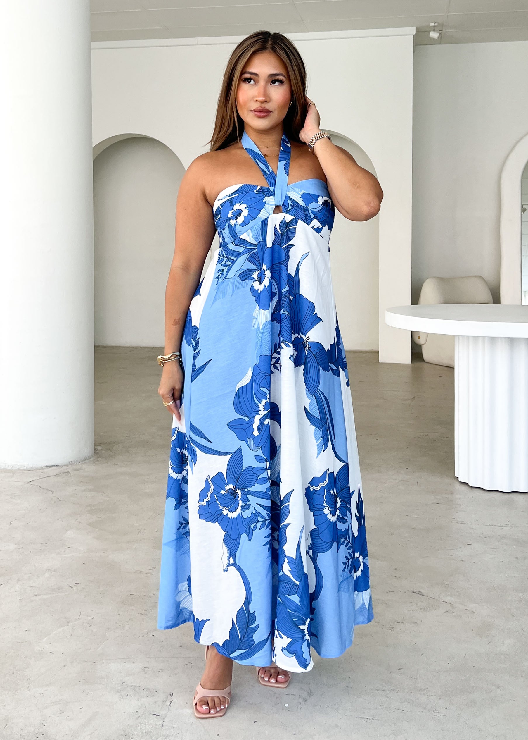 Mariana Halter Maxi Dress - Blue Floral