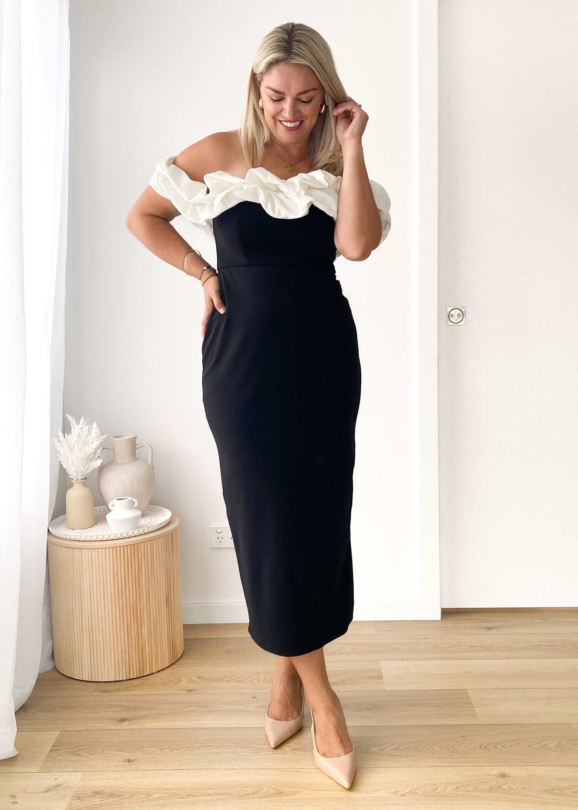 Ashlynn Off Shoulder Midi Dress - Black Splice