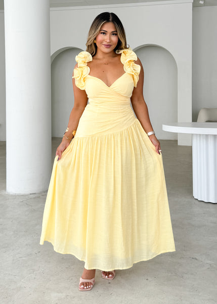 green emerald velvet dress Berylove Women Lemon Yellow Chiffon Wedding Guest Dress V Neck Cut Out Maxi Bridesmaid Dress with Ruffles, Lemon Yellow / US14 main image 1
