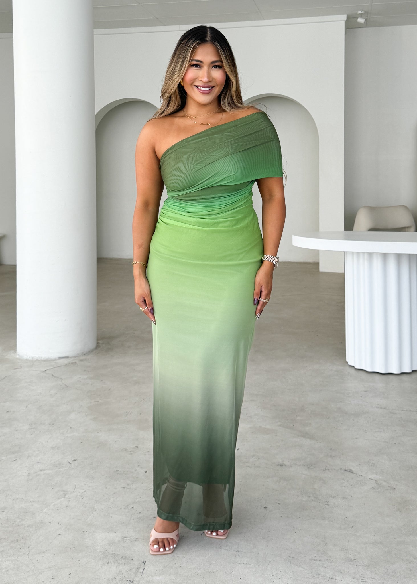 Leia One Shoulder Mesh Maxi Dress - Green Ombre