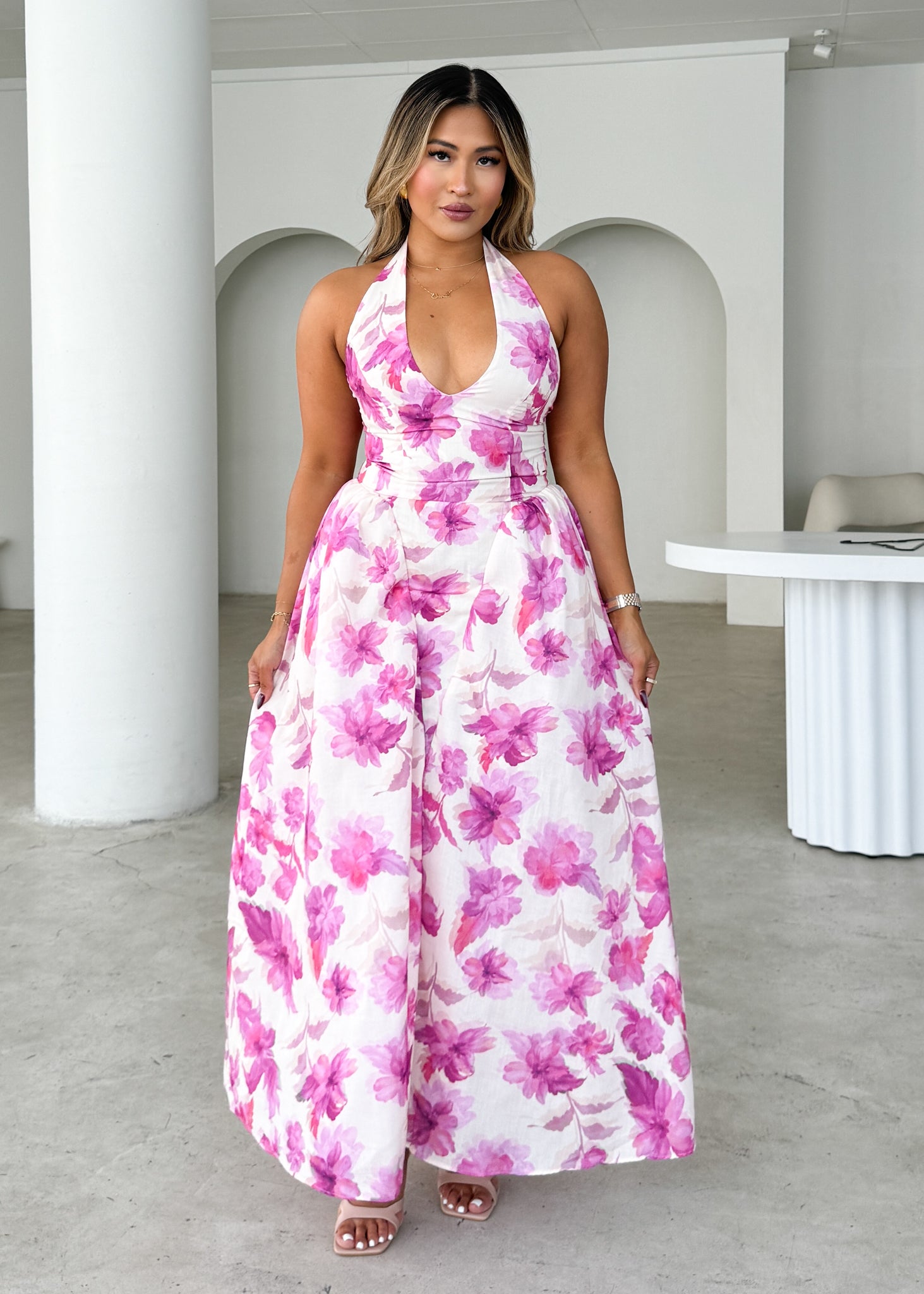 Faithless Halter Maxi Dress - Pink Flowers