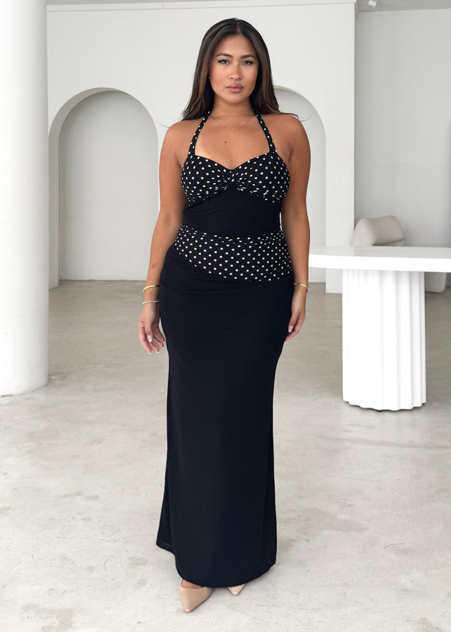Ishelle Halter Mesh Maxi Dress - Black Polka Dot
