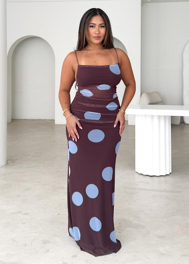 Ellina Mesh Maxi Dress - Choc Blue Spot